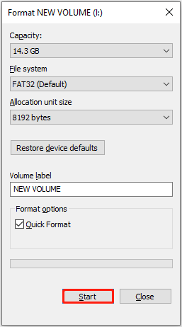 Disk formatting window showing the file system and volume label options.