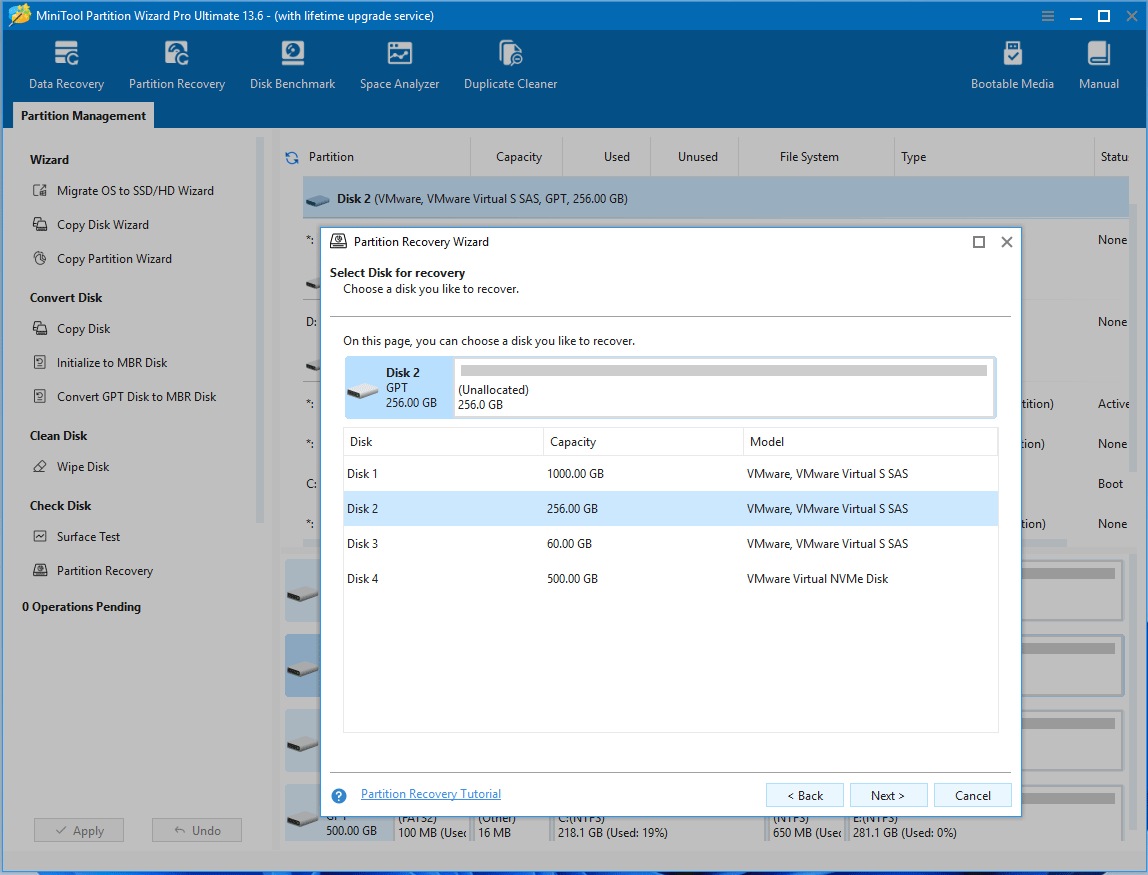 The Partition Recovery Wizard window in MiniTool Partition Wizard to select a drive for recovery.