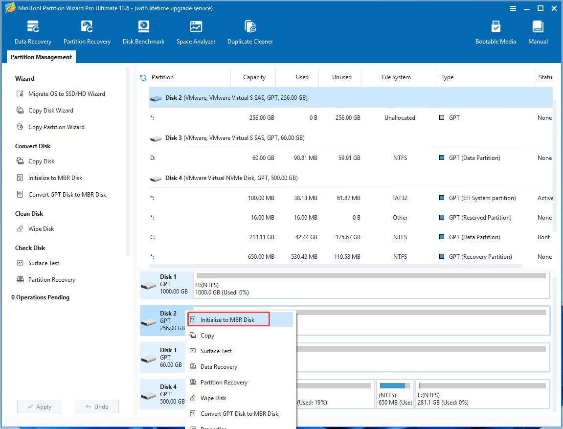 MiniTool Partition Wizard with Initialize to MBR Disk selected.