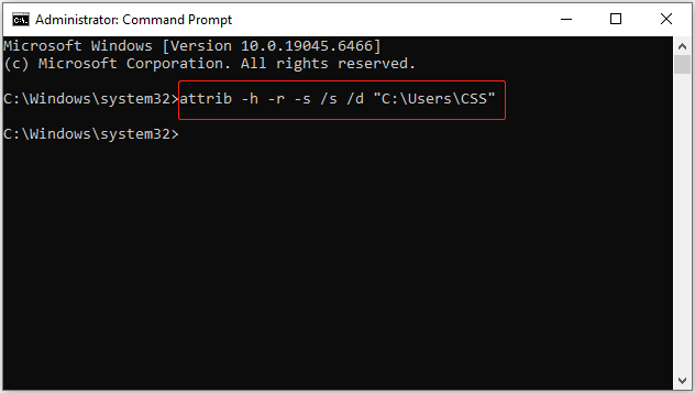 Command Prompt window showing the execution of the Attrib command to unhide the CSS folder in Users.