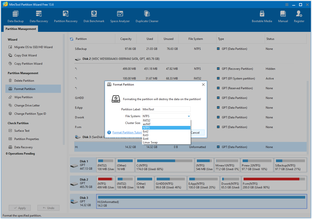 MiniTool Partition Wizard Format Partition interface showing the file system selection box.
