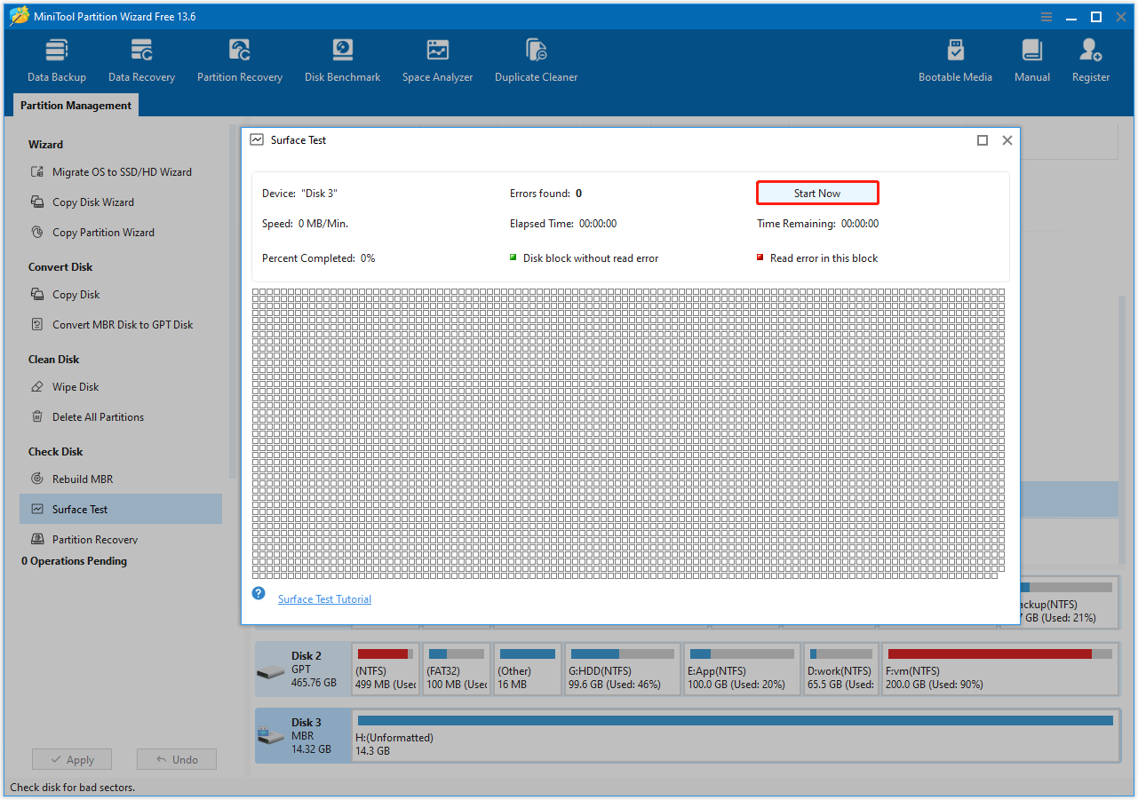 The Surface Test window in MiniTool Partition Wizard with the Start Now button highlighted.