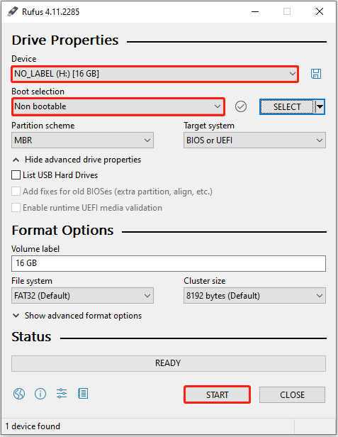 Rufus interface showing the drive properties and format options.