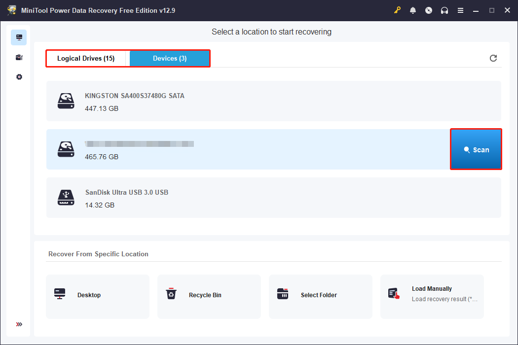 MiniTool Power Data Recovery main interface showing connected storage devices ready to be scanned.