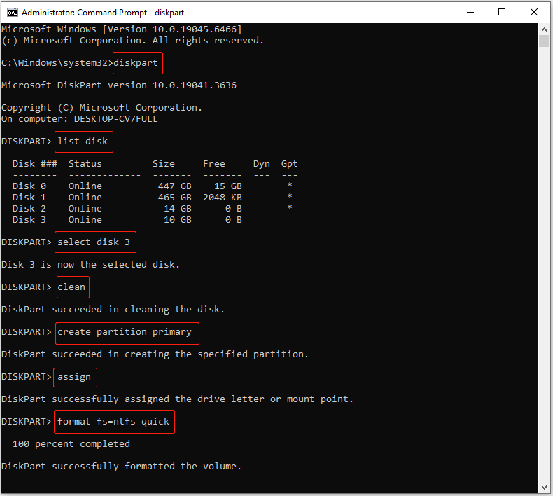 Command Prompt window showing the DiskPart commands used to clean disk 3. 
