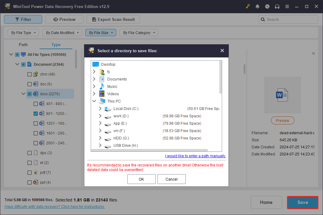 MiniTool Power Data Recovery interface showing the highlighted Save button and available storage paths.