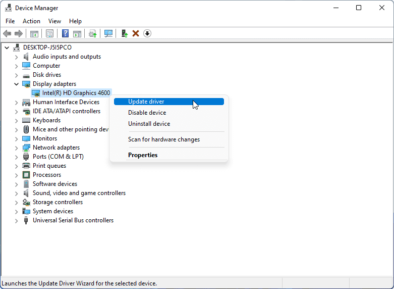 Alt=The interface of Device Manager with selected Update driver.