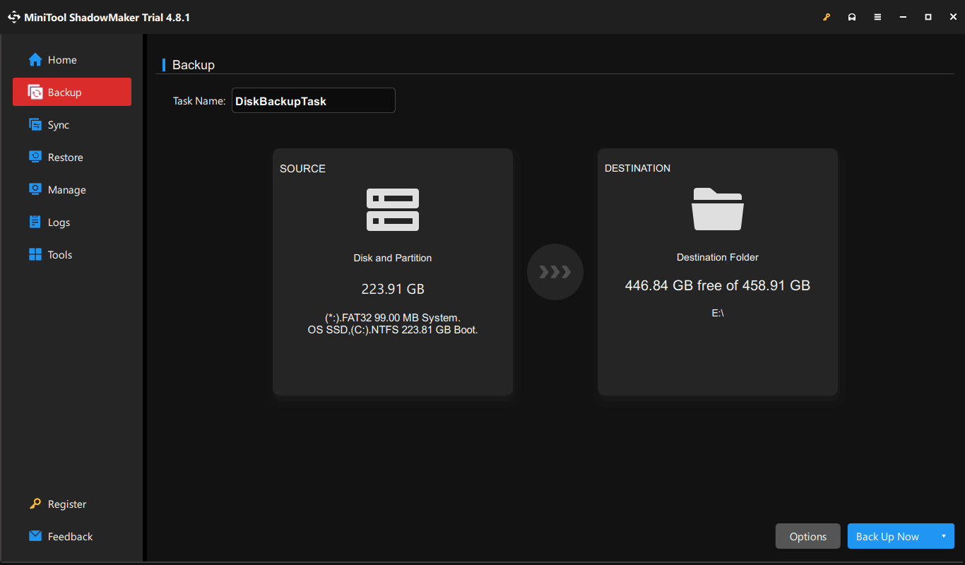 The Backup tab in MiniTool ShadowMaker for system backup.