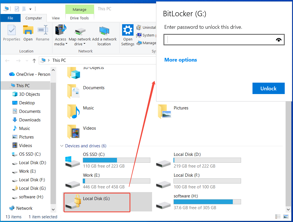The BitLocker window to unlock the drive.