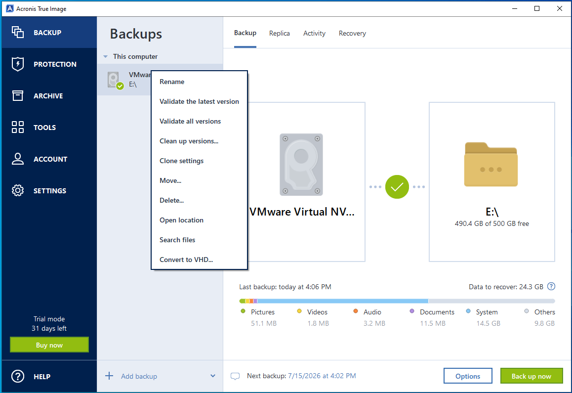 The Validate options in the menu of Acronis True Image.