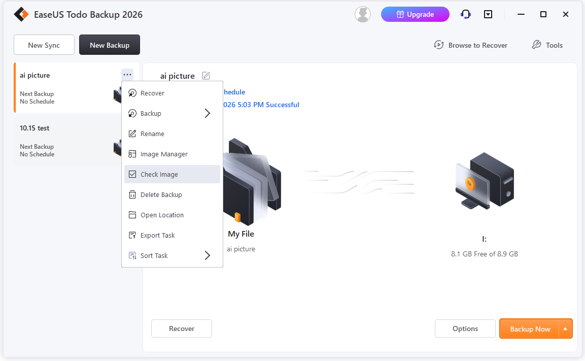 The Check Image menu of EaseUS Todo Backup.