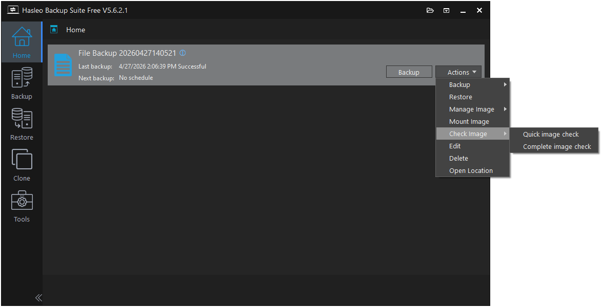 The backup verification menu of Hasleo Backup Suite.