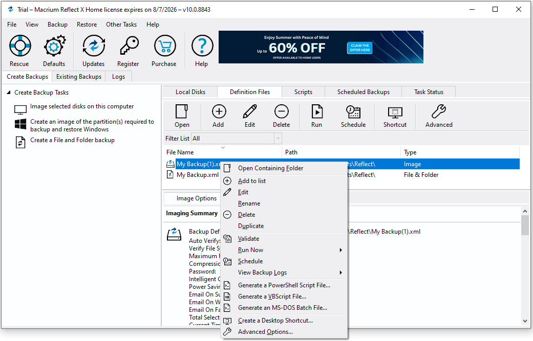 The option menu with Validate of Macrium Reflect.