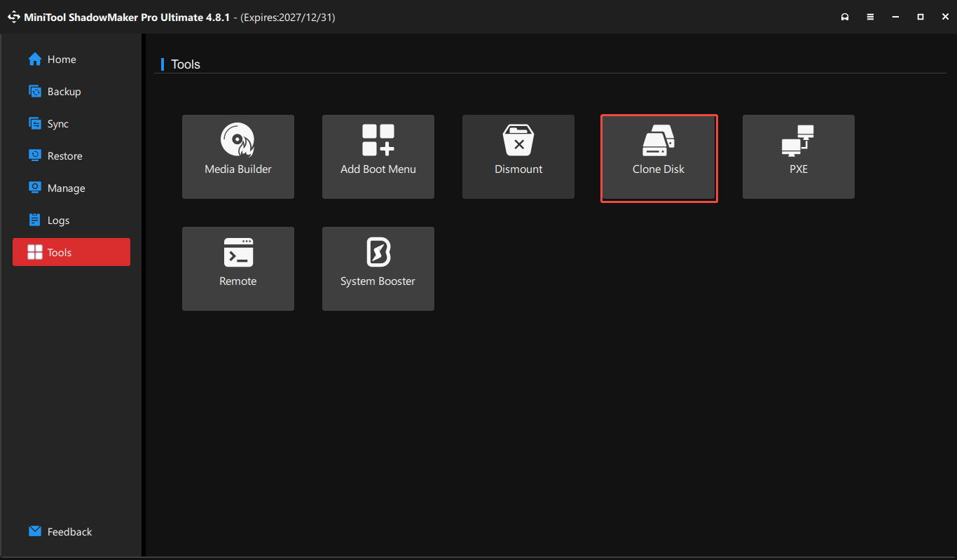 The MiniTool ShadowMaker interface with Clone Disk selected.