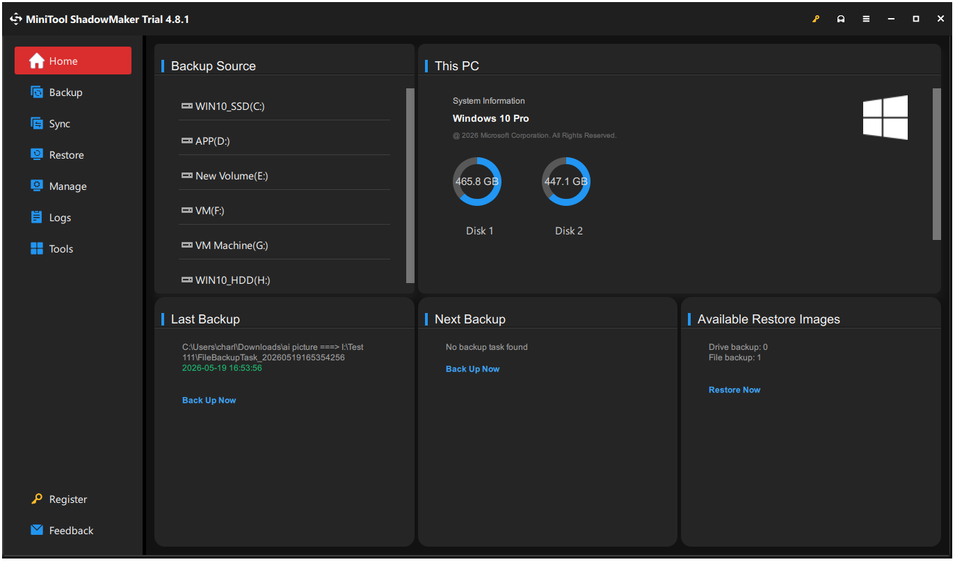 The interface of MiniTool ShadowMaker.