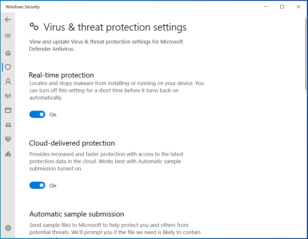 The Virus & threat protection settings of Windows Security to enable Real-time protection.
