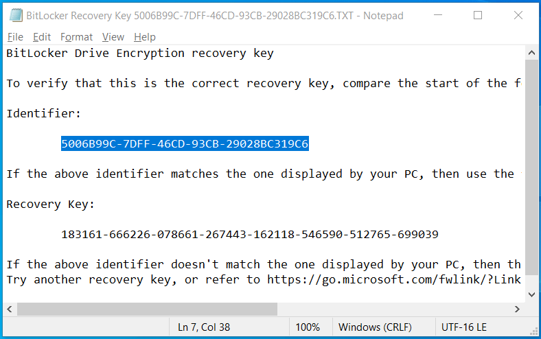 The opened BitLocker Recovery Key file with the highlighted key.