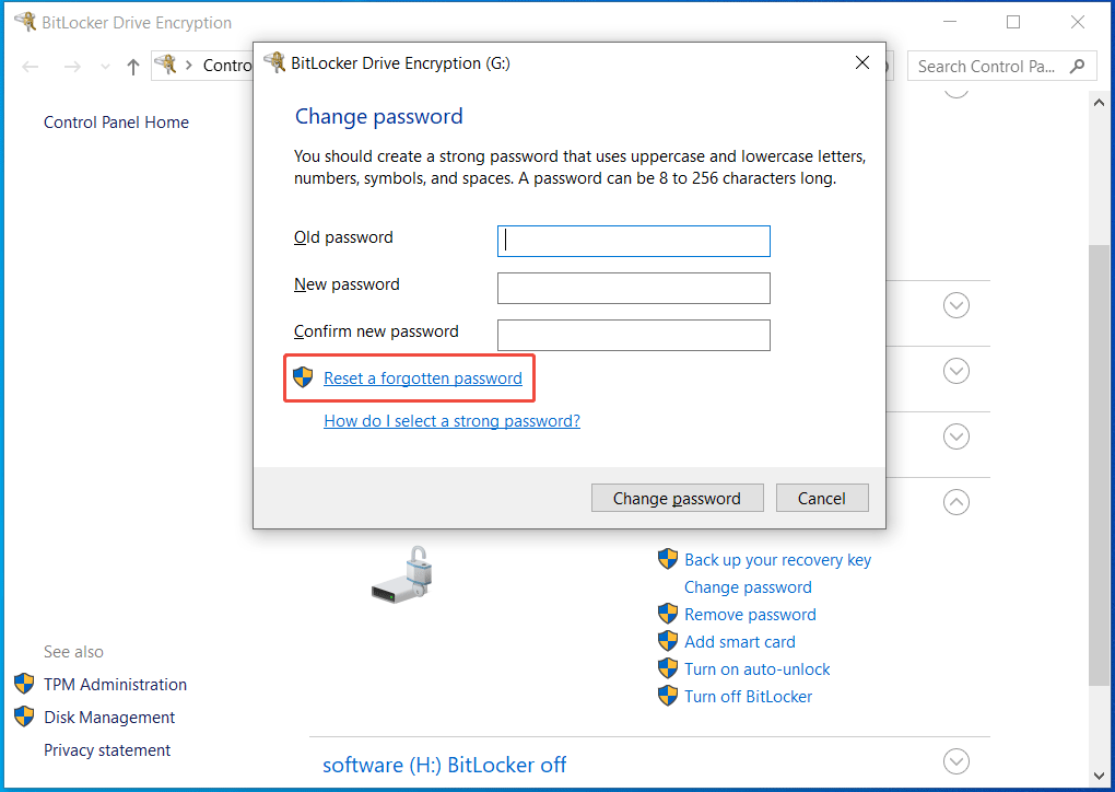 The BitLocker Drive Encryption window with the Reset a forgotten password link selected.