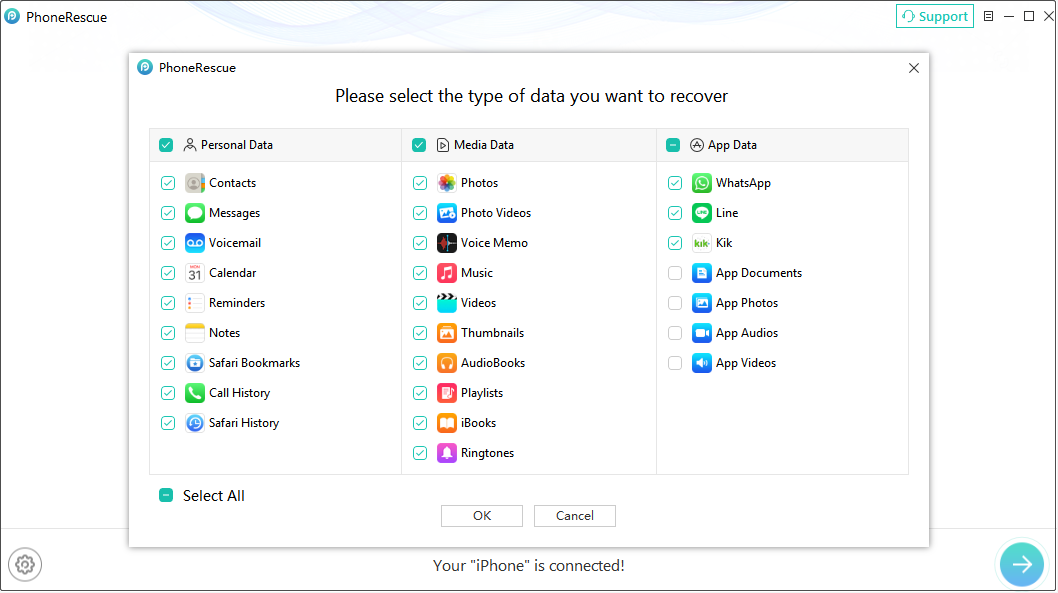 PhoneRescue for iOS interface shows the available data types ready to be scanned. 
