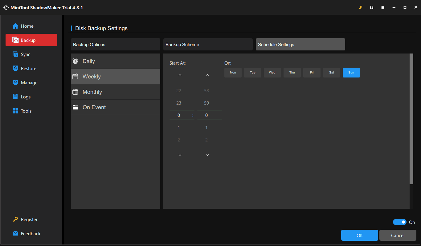 The Backup tab in MiniTool ShadowMaker for automatic file backup.