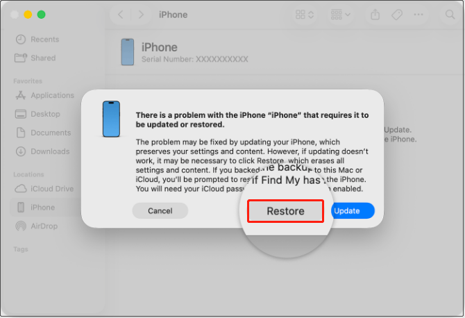 Finder interface in Mac shows the Restore button to reset an iPhone.