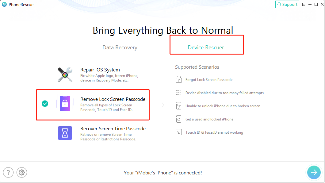 PhoneRescue for iOS interface shows the Remove Lock Screen Passcode option.
