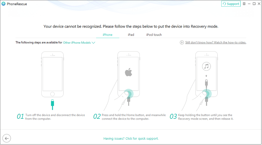 PhoneRescue for iOS shows the steps to put the iPhone into Recovery mode.