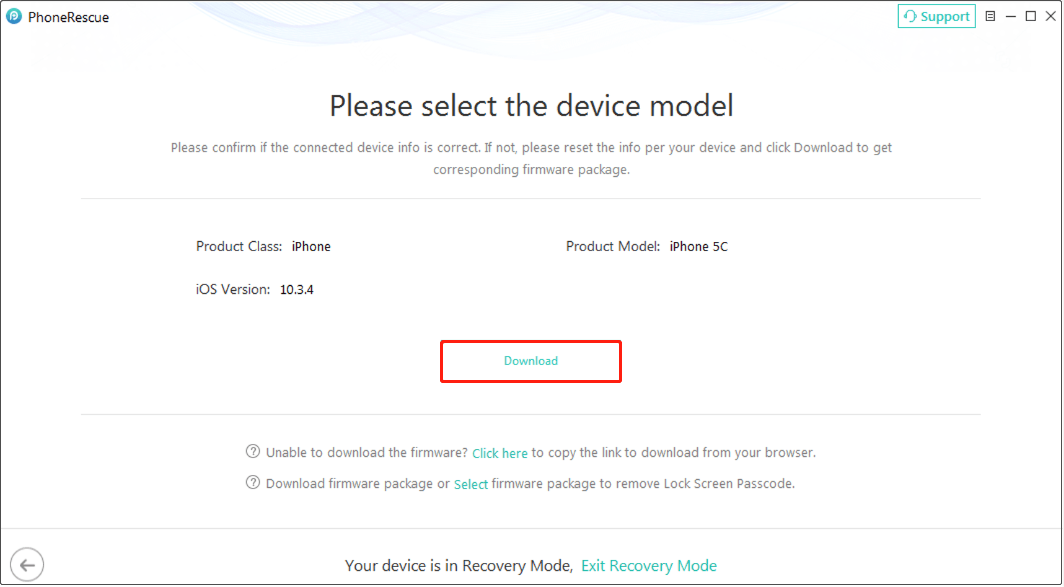 PhoneRescue for iOS shows the Download button to download iPhone firmware packages.