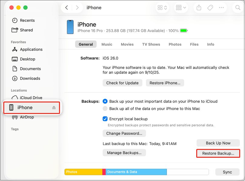 iPhone backup interface showing the Restore Backup button.