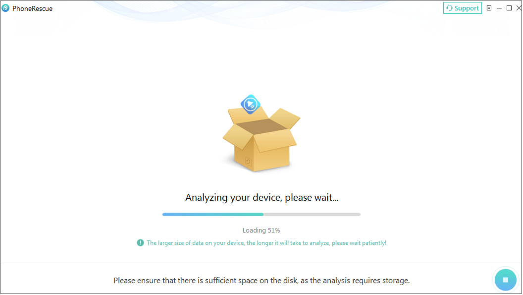 PhoneRescue for iOS interface shows the device analysis process.
