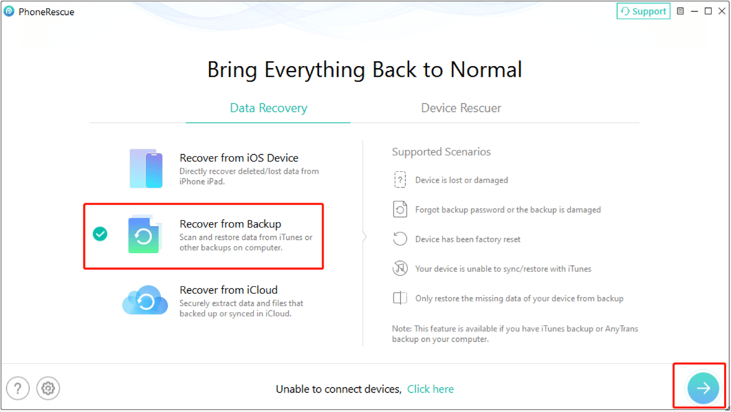 PhoneRescue for iOS interface shows the Recover from Backup option.