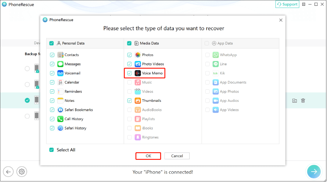 PhoneRescue for iOS interface shows many types of data ready to be recovered.