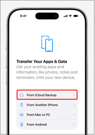 iPhone interface shows the From iCloud Backup option.