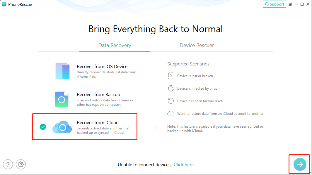 PhoneRescue for iOS interface shows the Recover from iCloud option.