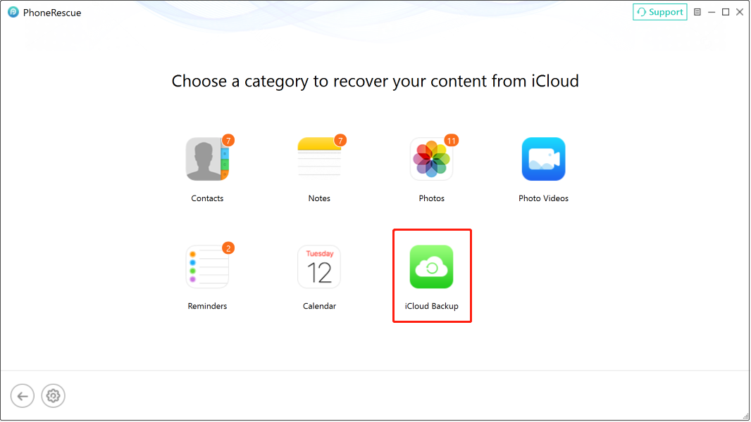PhoneRescue for iOS interface shows the iCloud Backup category.