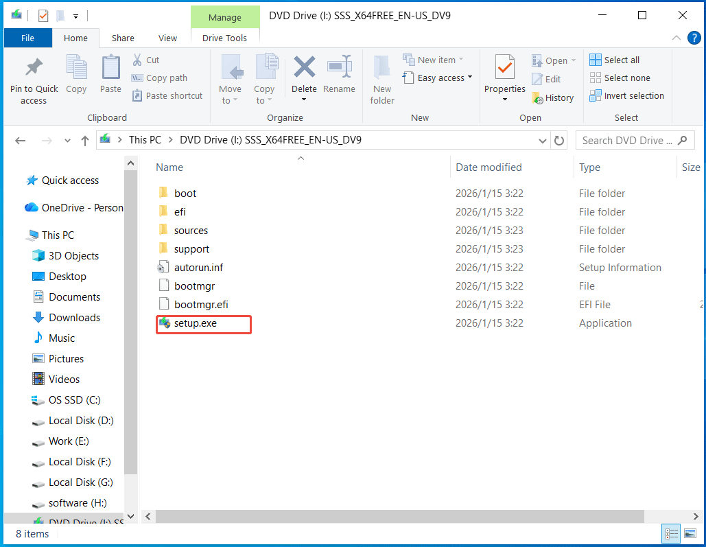 The mounted drive using Windows Server 2025 ISO to run setup.exe.