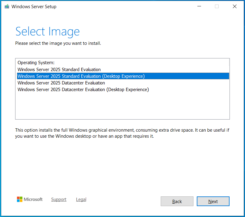The Windows Server Setup interface showing editions to install.
