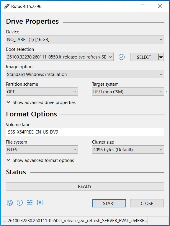 The Rufus interface for bootable USB drive creation.