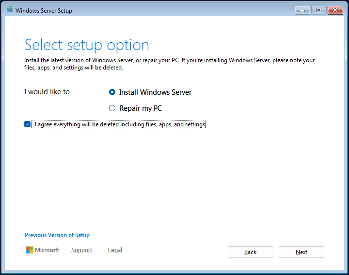 The Windows Server Setup interface with Install Windows Server selected.