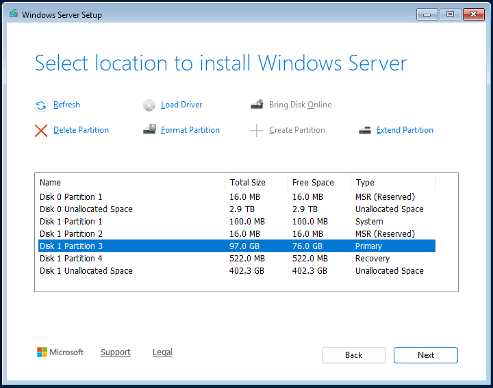 Windows Server 2025 clean installation to choose a location.