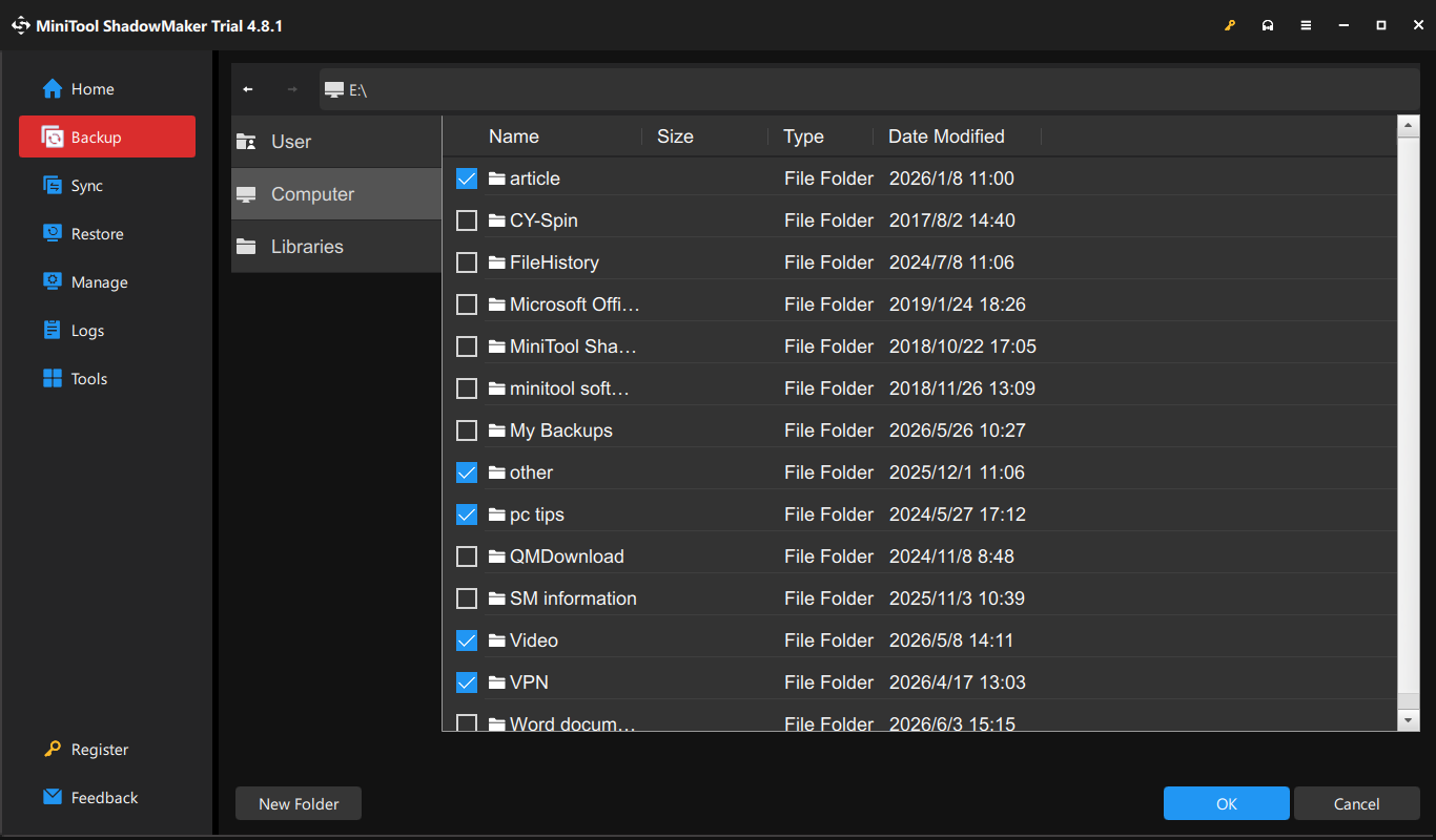 The Backup tab in MiniTool ShadowMaker to choose source files.
