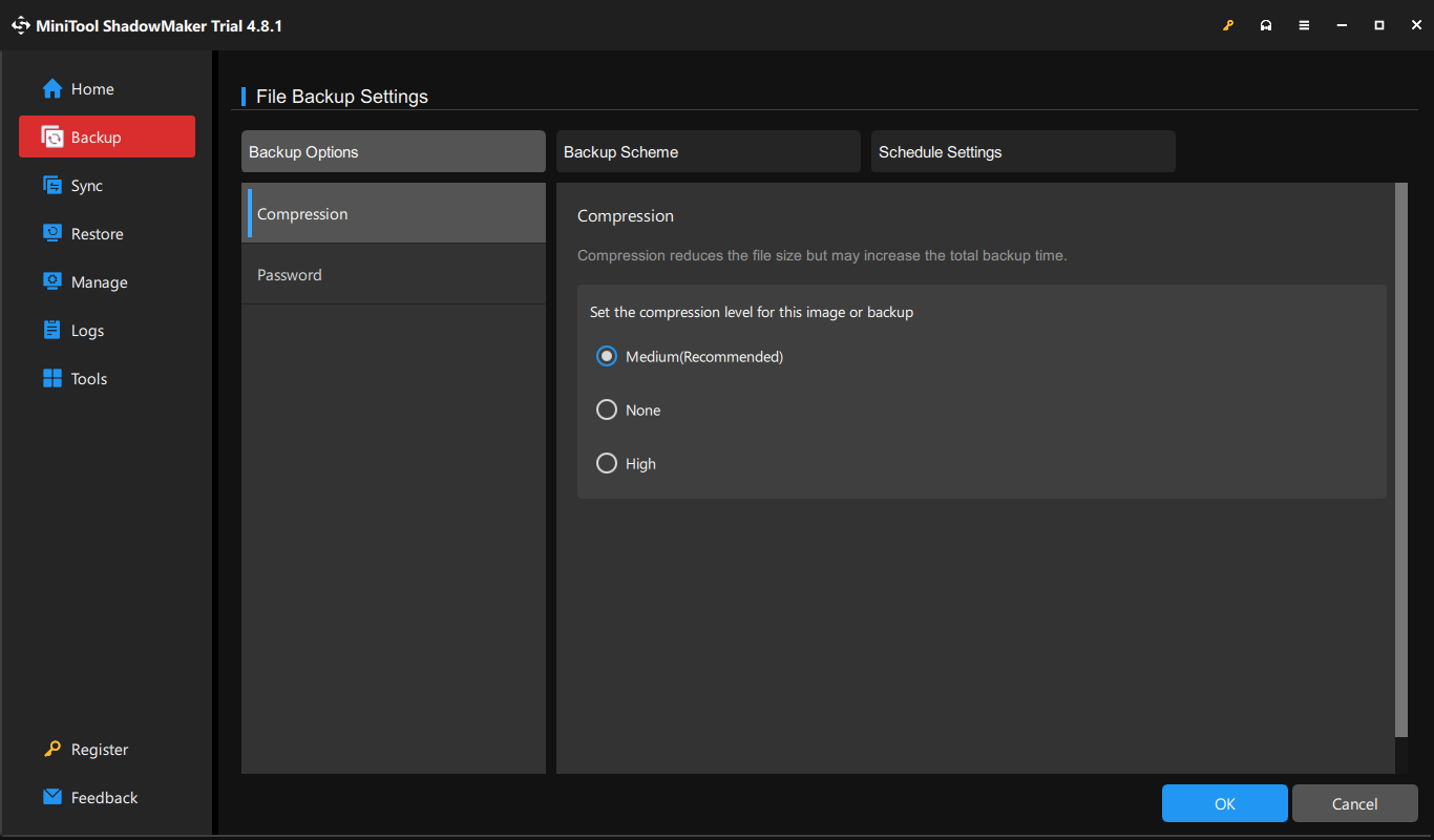 The File Backup Settings window in MiniTool ShadowMaker for backup compression.