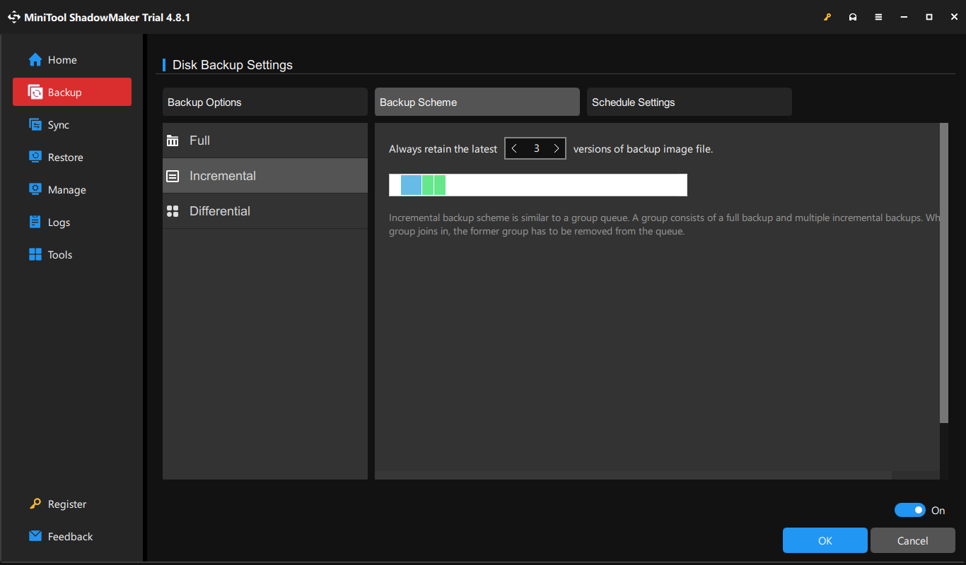 The MiniTool ShadowMaker window with Incremental selected under Backup Scheme.