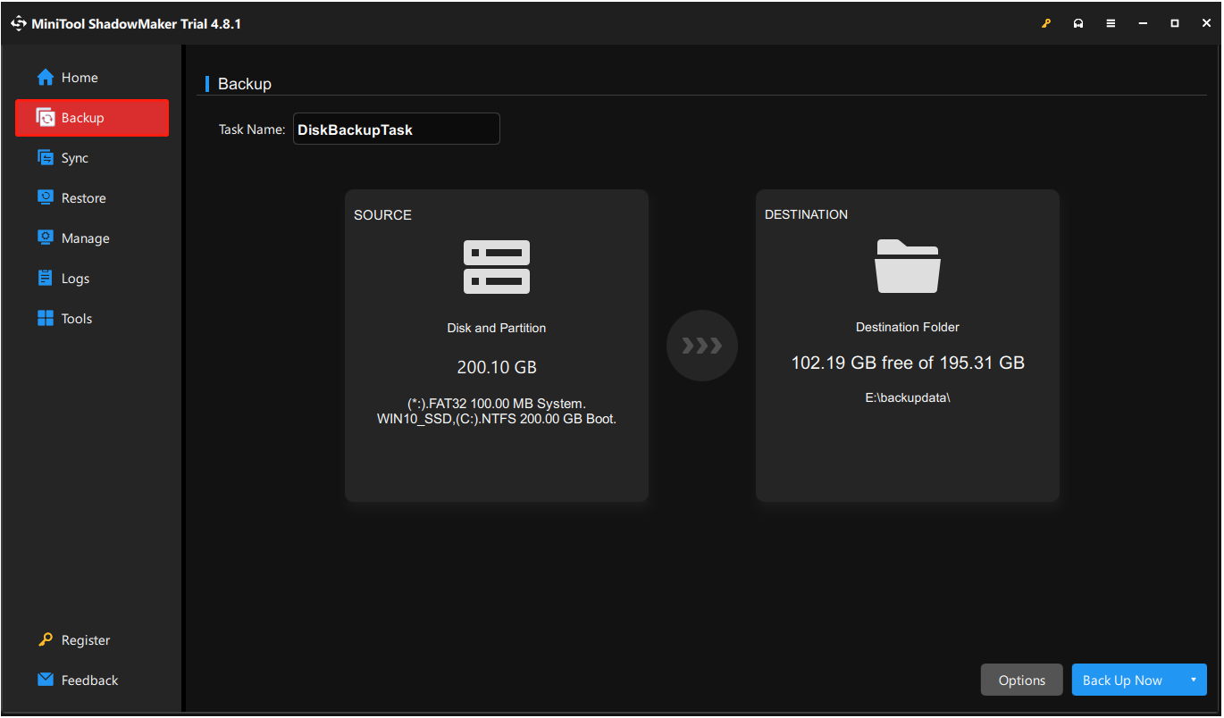 The interface of MiniTool ShadowMaker with selected Backup.