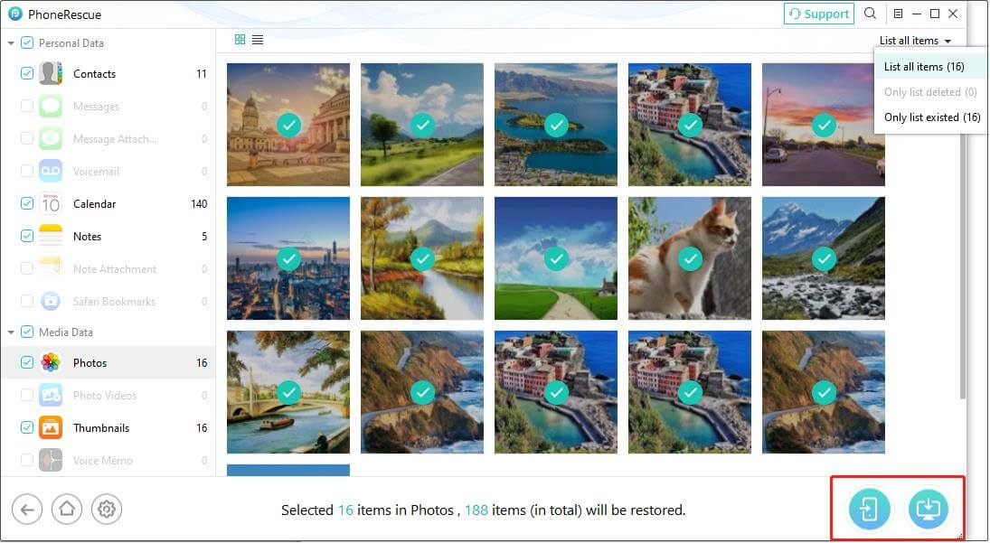 PhoneRescue for iOS interface shows recoverable photos and the buttons to save files.