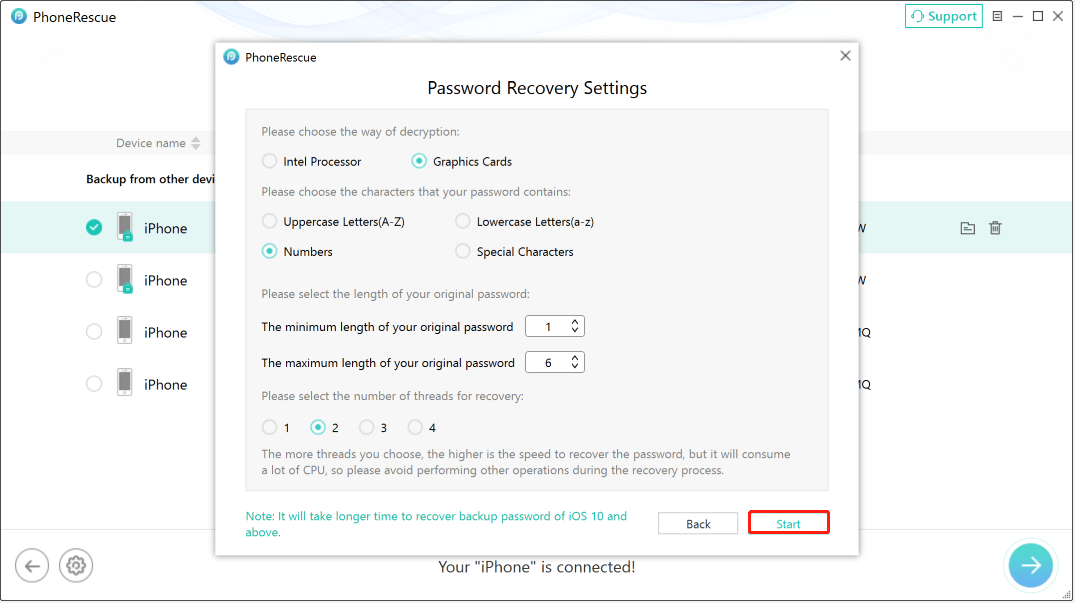 PhoneRescue for iOS interface shows the password recovery settings options.