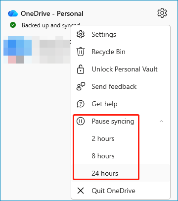 The OneDrive Settings interface with Pause syncing options displayed for selection.