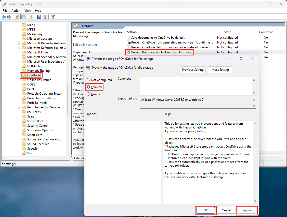The Local Group Policy Editor interface with Enabled selected for Prevent the usage of OneDrive for file storage to disable OneDrive.