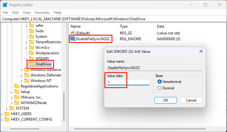 The Registry Editor interface with the value data for DisableFileSyncNGSC set to 1.