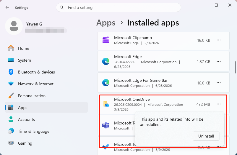 Windows 11 Settings showing how to uninstall Microsoft OneDrive from Installed apps.